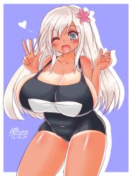 Rule 34 | 10s, 1girl, alternate breast size, ayazumi flutter, black eyes, black one-piece swimsuit, blush, breasts, bursting breasts, cleavage, collarbone, dated, female focus, flower, hair ornament, heart, huge breasts, kantai collection, long hair, looking at viewer, one-piece swimsuit, one-piece tan, one eye closed, open mouth, ro-500 (kancolle), school swimsuit, sideboob, silver hair, simple background, solo, standing, swimsuit, tan, tanline, v, w, wink