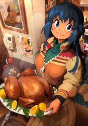 Rule 34 | 1girl, bad food, blood, blue eyes, blue hair, blush, closed mouth, commentary, creature as food, creatures (company), cynthia (pokemon), dawn (pokemon), eevee, eyelashes, food, fruit, game freak, gen 1 pokemon, green sweater, gun, handgun, highres, holding, holding plate, indoors, jacket, khyle., lemon, long hair, looking at viewer, nintendo, photo (object), plate, poke ball, poke ball (basic), pokemon, pokemon (creature), pokemon bdsp, revolver, serving, skirt, smile, solo, standing, steam, sweater, turkey (food), turtleneck, turtleneck sweater, weapon, zipper, zipper pull tab