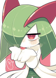Rule 34 | bags under eyes, colored skin, creatures (company), cupping hands, game freak, gen 3 pokemon, green hair, hair over one eye, highres, horns, ino (tellu0120), kirlia, licking, multicolored skin, nintendo, own hands together, pink background, pink eyes, pokemon, pokemon (creature), sidelocks, simple background, tongue, tongue out, two-tone skin, white skin