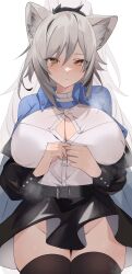 Rule 34 | 1girl, animal ear fluff, animal ears, blush, breasts, button gap, character request, chunta, cleavage, cleavage cutout, clothing cutout, collared shirt, copyright request, grey hair, highres, huge breasts, large breasts, long hair, looking at viewer, no panties, partially unbuttoned, ponytail, shirt, skirt, solo, thighhighs, thighs, very long hair, white shirt, yellow eyes