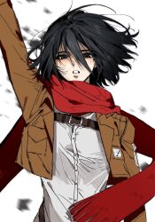 1girl arm_up black_hair blurry blurry_background brown_jacket commentary_request cropped_jacket grey_eyes hair_between_eyes highres jacket looking_at_viewer mikasa_ackerman open_clothes open_jacket parted_lips red_scarf scarf shi_xu_jiu_zhou shingeki_no_kyojin shirt short_hair solo white_shirt