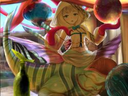 Rule 34 | 1girl, blonde hair, blue eyes, blush, bottle, day, fins, front ponytail, highres, hood, hybrid, lantern, long sleeves, looking at viewer, medium hair, midriff, mon-musu quest!, mon-musu quest: paradox, monster girl, open mouth, outdoors, queen scylla, scylla, solo, tent, tentacles, un do