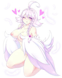 Rule 34 | 1girl, ahoge, belly, bird tail, blush, braided sidelock, breasts, charmine arcadia, commentary, english commentary, eyeshadow, feathers, harpy, heart, highres, kneeling, large breasts, looking at viewer, makeup, monster girl, nipples, nude, one eye closed, original, parted lips, perky breasts, pink background, pink eyes, pink eyeshadow, pink feathers, pink hair, pink wings, short hair with long locks, solo, tail, the scarlet devil, winged arms, wings