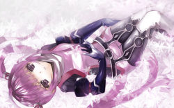 Rule 34 | 1girl, bad id, bad pixiv id, bodysuit, chisa (misaaa), dutch angle, flower, gloves, long hair, lying, o-ring, purple eyes, purple hair, smile, solo, sophie (tales), tales of (series), tales of graces, thighhighs, twintails, very long hair, white thighhighs