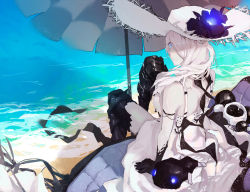 Rule 34 | 10s, 1girl, abyssal ship, arm support, armor, armored boots, bad id, bad pixiv id, bare shoulders, beach, beach umbrella, black gloves, black thighhighs, blue eyes, boots, breasts, colored skin, dress, flower, from behind, gloves, glowing, glowing eyes, hair over one eye, hat, hat flower, kantai collection, kuroduki (pieat), large breasts, light smile, long hair, looking at viewer, ocean, seaport summer princess, sitting, solo, sun hat, sundress, thigh boots, thighhighs, umbrella, white dress, white hair, white hat, white skin
