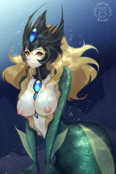 Rule 34 | 1girl, absurdres, blonde hair, breasts, breasts out, brown eyes, fins, helmet, highres, huge filesize, large breasts, league of legends, long hair, mermaid, monster girl, nami (league of legends), nipples, non-web source, scales, solo, tofuubear, underwater