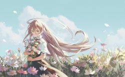 Rule 34 | 1girl, absurdres, black skirt, blue sky, brown hair, cloud, commentary, covered mouth, day, flower, frilled shirt collar, frills, hair between eyes, highres, holding, holding flower, hoshiko (419401x), long bangs, long hair, long skirt, looking at viewer, meadow, original, outdoors, purple eyes, shirt, skirt, sky, solo, standing, straight hair, sunlight, very long hair, white shirt, wind