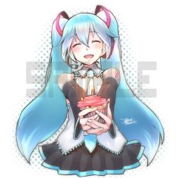 Rule 34 | 1girl, aqua hair, dated, detached sleeves, ejami, hair ornament, hatsune miku, incoming food, long hair, necktie, open mouth, sample watermark, signature, simple background, skirt, smile, solo, twintails, very long hair, vocaloid, watermark, white background