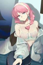 Rule 34 | 1girl, absurdres, arknights, bare shoulders, black pants, blue eyes, blue poison (arknights), blue poison (shoal beat) (arknights), braid, breasts, choker, cleavage, closed mouth, collarbone, earrings, hairband, hand on own knee, head tilt, highres, jacket, jewelry, long hair, long sleeves, looking at viewer, off shoulder, official alternate costume, open clothes, open jacket, pants, pink choker, pink hair, sitting, small breasts, smile, solo, twin braids, white hairband, white jacket, yukiyaii