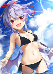 Rule 34 | 1girl, akisome hatsuka, alternate costume, alternate hairstyle, bangle, bat wings, bikini, blue bikini, blue hair, blue sky, bracelet, breasts, cloud, commentary request, day, double bikini, dutch angle, fang, hair between eyes, halterneck, horizon, jewelry, lens flare, looking at viewer, navel, necklace, ocean, open mouth, outdoors, outstretched arms, partial commentary, pointy ears, red eyes, remilia scarlet, short ponytail, side-tie bikini bottom, sky, slit pupils, small breasts, solo, spread arms, string bikini, swimsuit, teeth, touhou, upper teeth only, wading, water drop, white bikini, wings, wrist cuffs