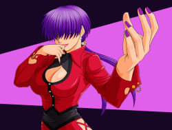 Rule 34 | 1girl, breasts, cleavage, cleavage cutout, clothing cutout, earrings, fingernails, hair over eyes, jewelry, large breasts, lips, lipstick, long hair, makani kohitujito, makeup, nail, nail polish, ponytail, purple hair, purple nails, shermie (kof), snk, solo, the king of fighters