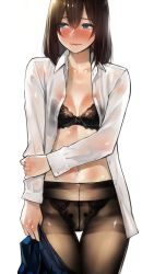 Rule 34 | 1girl, black bra, black pantyhose, blue eyes, blush, bra, breasts, crotch seam, highres, looking to the side, navel, open clothes, open shirt, original, panties, panties under pantyhose, pantyhose, school uniform, shirt, simple background, small breasts, solo, thigh gap, thighband pantyhose, underwear, wavy mouth, white background, yomu (sgt epper)
