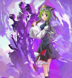 Rule 34 | 1girl, aesur a, black headwear, blue eyes, breasts, closed mouth, epaulettes, feet out of frame, frilled hat, frills, from side, green hair, hat, highres, large breasts, looking at viewer, purple background, ribbon-trimmed skirt, ribbon trim, rod of remorse, shiki eiki, short hair, skeleton, smile, touhou