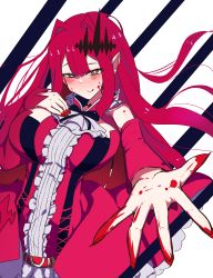 Rule 34 | 1girl, bare shoulders, blood, blood on face, blood on hands, blush, breasts, circlet, detached collar, detached sleeves, dress, earrings, baobhan sith (fate), fang, fate/grand order, fate (series), grey eyes, hand on own chest, highres, jewelry, large breasts, long hair, looking at viewer, open mouth, pink hair, pointy ears, red dress, sidelocks, smile, solo, sukerutons