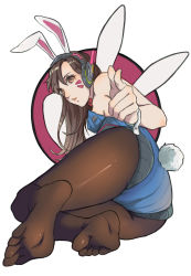 Rule 34 | 1girl, adapted costume, animal ears, ass, bare shoulders, breasts, brown eyes, brown hair, brown pantyhose, choker, d.va (overwatch), detached collar, evomi, facepaint, facial mark, fake animal ears, feet, foot focus, from behind, full body, headphones, highres, legs, leotard, long hair, looking at viewer, looking back, medium breasts, no shoes, overwatch, overwatch 1, pantyhose, parted bangs, playboy bunny, pointing, pointing at viewer, rabbit ears, rabbit tail, red ribbon, ribbon, ribbon choker, simple background, smile, soles, solo, strapless, strapless leotard, tail, toe socks, toes, whisker markings, white background, wrist cuffs