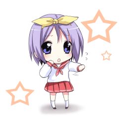 Rule 34 | 00s, 1girl, :o, blue eyes, chibi, collar, full body, hiiragi tsukasa, loafers, lucky star, open mouth, outstretched arms, pink hair, pleated skirt, school uniform, serafuku, shoes, short hair, simple background, skirt, solo, standing, star (symbol), thighhighs, usashiro mani, white background, white thighhighs, zettai ryouiki