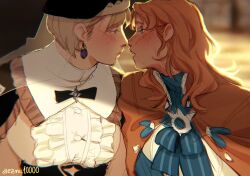 Rule 34 | 2girls, annette fantine dominic, blush, bow, breasts, closed mouth, diezmil10000, face-to-face, fire emblem, fire emblem: three houses, hat, highres, imminent kiss, looking at another, mercedes von martritz, multiple girls, nintendo, open mouth, saliva, saliva trail, upper body, yuri