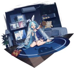 Rule 34 | 1girl, azur lane, bag of chips, barefoot, bed, bedroom, bismarck (azur lane), blue eyes, blue hair, blush, character doll, chips (food), feet, food, here&#039;s johnny! (meme), highres, hood (azur lane), long hair, maille-breze (azur lane), maille-breze (the noble knight&#039;s last stand) (azur lane), manjuu (azur lane), master sword, meme, navel, official alternate costume, official art, one eye covered, open mouth, potato chips, scared, sitting, stuffed animal, stuffed toy, sword, tears, teddy bear, television, toes, transparent background, vilor, wariza, weapon, wooden sword