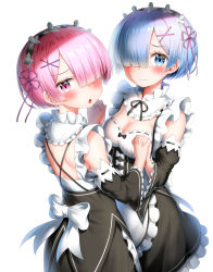 Rule 34 | 10s, 2girls, :o, absurdres, apron, black dress, blue eyes, blue hair, blush, bow, breasts, cleavage, closed mouth, commentary request, detached sleeves, dress, frilled apron, frilled sleeves, frills, hair ornament, hair over one eye, hair ribbon, hairclip, hands up, highres, holding hands, interlocked fingers, long sleeves, looking at viewer, looking back, maid, medium breasts, multiple girls, nedia (nedia region), pink hair, pink ribbon, purple eyes, purple ribbon, ram (re:zero), re:zero kara hajimeru isekai seikatsu, rem (re:zero), ribbon, ribbon-trimmed sleeves, ribbon trim, siblings, sisters, sleeveless, sleeveless dress, twins, waist apron, wavy mouth, white apron, white bow, wide sleeves, x hair ornament