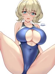 Rule 34 | 1girl, black one-piece swimsuit, blonde hair, blue eyes, blue one-piece swimsuit, braid, breasts, cameltoe, cleavage cutout, clothing cutout, colorado (kancolle), competition swimsuit, covered navel, dated, highres, kantai collection, large breasts, montemasa, multicolored clothes, multicolored swimsuit, one-piece swimsuit, open mouth, short hair, side braids, solo, swimsuit, twitter username, two-tone swimsuit