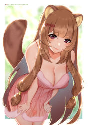 Rule 34 | 1futa, absurdres, animal ears, breasts, brown hair, camisole, cleavage, closed mouth, cowboy shot, foreshortening, futanari, highres, leaning forward, long hair, looking at viewer, medium breasts, navel, nipples, nude, outside border, penis, pink camisole, purple eyes, raphtalia, see-through, sidelocks, smile, solo, tail, tate no yuusha no nariagari, tofuubear, uncensored, very long hair