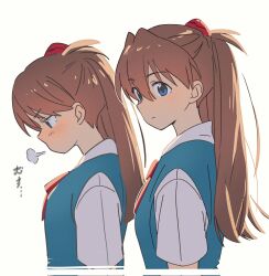 Rule 34 | 1girl, blue eyes, blue skirt, blush, bow, bowtie, breasts, breath, brown hair, closed mouth, collared shirt, dress shirt, expressionless, from side, hajikkoneko, highres, interface headset, long hair, long sleeves, looking down, looking to the side, loose hair strand, multiple views, neon genesis evangelion, profile, puff of air, red bow, red bowtie, school uniform, shirt, short sleeves, sigh, simple background, skirt, small breasts, solo focus, souryuu asuka langley, suspender skirt, suspenders, tokyo-3 middle school uniform, translated, upper body, v-shaped eyebrows, white background, white shirt