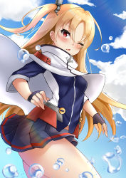 Rule 34 | 1girl, absurdres, azur lane, blonde hair, blue sky, blush, capelet, cleveland (azur lane), cloud, commentary, day, fingerless gloves, gloves, highres, long hair, looking at viewer, nyanyang, one eye closed, one side up, open mouth, pleated skirt, red eyes, skirt, sky, solo, thighs, water drop