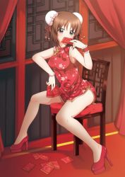Rule 34 | 10s, 1girl, anglerfish, brown eyes, brown hair, bun cover, card, china dress, chinese clothes, commentary request, covered mouth, curtains, double bun, dress, emblem, fish, girls und panzer, hair bun, high heels, holding, indoors, looking at viewer, nishizumi miho, parda siko, playing card, print dress, red dress, red footwear, shadow, short dress, short hair, side slit, sitting, sleeveless, sleeveless dress, solo, wooden chair, wristband