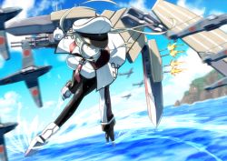 Rule 34 | 10s, 1girl, aircraft, airplane, anchor choker, ankle boots, bent over, black gloves, black pantyhose, blonde hair, blue sky, boots, breasts, cannon, closed mouth, cross, day, expressionless, firing, floating hair, full body, gloves, graf zeppelin (kancolle), hat, iron cross, kantai collection, large breasts, machinery, miniskirt, mizunashi (second run), motion lines, necktie, ocean, outdoors, pale skin, pantyhose, peaked cap, red necktie, running on liquid, short hair, sidelocks, skirt, sky, soaking hands, solo, splashing, turret, twintails, water, white footwear, white hat