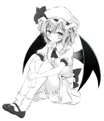 Rule 34 | 1girl, ascot, bat wings, bloomers, blush, brooch, commentary, greyscale, hands on own knees, hat, hat ribbon, highres, jewelry, medium hair, mob cap, monochrome, puffy short sleeves, puffy sleeves, remilia scarlet, ribbon, short sleeves, simple background, solo, touhou, tsuukinkaisoku oomiya, underwear, white background, wings