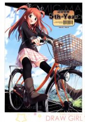 Rule 34 | 1girl, :d, absurdres, basket, bicycle, black thighhighs, blazer, blush, boots, cover, cover page, english text, engrish text, from behind, hair ribbon, highres, jacket, kantoku, kurumi (kantoku), looking at viewer, neck ribbon, open mouth, orange hair, original, parted bangs, plaid, plaid skirt, pleated skirt, purple eyes, ranguage, red ribbon, ribbon, riding, school uniform, short twintails, skirt, smile, solo, thighhighs, twintails, two side up, zettai ryouiki
