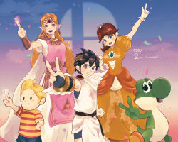 Rule 34 | 2boys, 2girls, anniversary, belt, black hair, blonde hair, blue eyes, breasts, brown hair, crown, dinosaur, dress, gloves, grin, hand up, highres, kid icarus, kid icarus uprising, looking at viewer, lucas (mother 3), magic, mario (series), mother (game), mother 3, multiple boys, multiple girls, nintendo, open mouth, orange dress, party, pink dress, pit (kid icarus), princess daisy, princess zelda, puffy short sleeves, puffy sleeves, short hair, short sleeves, shorts, smile, super mario land, super mario world 2: yoshi&#039;s island, super smash bros., super smash bros. logo, tail, the legend of zelda, the legend of zelda: a link between worlds, tiara, toga, tomboy, triforce print, v, wings, yoshi