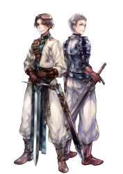 Rule 34 | 2boys, armor, asymmetrical clothes, back-to-back, boots, brown eyes, brown hair, denim powell, geolim, gloves, jewelry, male focus, multiple boys, necklace, sheath, sheathed, smile, sword, tactics ogre, vice bozeg, weapon