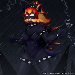 Rule 34 | 1girl, angry, armlet, artist name, black skin, bowsette, bracelet, breasts, colored skin, crown, electricity, fangs, fury bowser, giant, giantess, glowing, glowing eyes, glowing mouth, highres, horns, jewelry, kaijuu, large breasts, lightning, long hair, mario (series), meme, monster girl, new super mario bros. u deluxe, nintendo, no pupils, open mouth, rain, red hair, spiked armlet, spiked bracelet, spiked shell, spikes, storm, super crown, tail, thick eyebrows, thighs, thunder