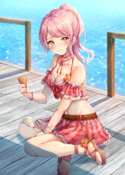 Rule 34 | 1girl, absurdres, alternate hairstyle, ankle flower, ankle strap, anklet, bang dream!, belt, bikini, bikini skirt, blush, bracelet, breasts, brown footwear, choker, cleavage, collarbone, commentary request, day, detached sleeves, dock, food, food on body, food on legs, frilled bikini, frills, frown, groin, highres, holding foot, ice cream, ice cream cone, ice cream cone spill, jewelry, long hair, looking at viewer, maruyama aya, medium breasts, navel, nogi momoko, outdoors, pink eyes, pink hair, ponytail, red bikini, red choker, sandals, sidelocks, sitting, solo, strap, striped bikini, striped clothes, swimsuit, tearing up, vertical-striped bikini, vertical-striped clothes, water