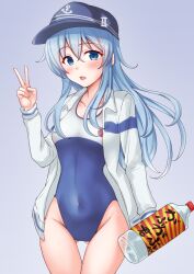 1girl anti_(untea9) blue_dress blue_eyes blue_one-piece_swimsuit blush bottle competition_school_swimsuit competition_swimsuit covered_navel cowboy_shot dress flat_cap gluteal_fold gradient_background grey_hair hat hibiki_(kancolle) high_school_fleet highres jacket jacket_over_swimsuit kantai_collection long_hair multicolored_clothes multicolored_swimsuit new_school_swimsuit one-piece_swimsuit school_swimsuit solo swimsuit twitter_username two-tone_swimsuit water_bottle white_jacket white_one-piece_swimsuit yokosuka_girls_marine_high_school_swimsuit