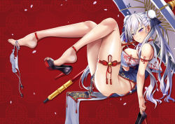 Rule 34 | 1girl, alternate costume, armlet, ass, azur lane, bare shoulders, barefoot, belfast (azur lane), breasts, bun cover, china dress, chinese clothes, commentary request, covered erect nipples, double bun, dress, feet, from side, full body, hair bun, hasaya, highres, large breasts, leaning back, legs, long hair, looking at viewer, oil-paper umbrella, outstretched arm, panties, panties around leg, purple eyes, purple panties, reclining, shoe dangle, shoes, unworn shoes, side-tie panties, side slit, sideboob, silver hair, single shoe, sitting, smile, solo, thigh strap, twintails, umbrella, underwear