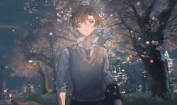 Rule 34 | 1boy, artem wing (tears of themis), blouse, blue eyes, brown hair, grey vest, highres, long sleeves, necktie, night, night sky, open mouth, outdoors, polo shirt, red necktie, scenery, school uniform, shirt, short hair, sky, solo, tears of themis, tree, vest, white shirt, xiachuantong233