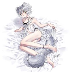 Rule 34 | 1boy, animal ears, artist name, babydoll, bare shoulders, barefoot, bed sheet, bloodcat (babacatcat), cat boy, cat ears, cat tail, choker, collarbone, dated, eyelashes, frills, green eyes, grey hair, lingerie, lipstick, looking at viewer, makeup, male focus, multicolored hair, navel, off shoulder, on bed, original, outstretched arm, parted lips, pom pom (clothes), see-through, short hair, skirt hold, slit pupils, solo, tail, tail wrap, two-tone hair, underwear, wavy hair, white background, white hair