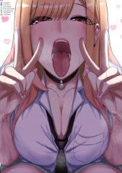Rule 34 | 1girl, absurdres, black choker, black necktie, blonde hair, blush, breasts, choker, cleavage, double v, gyaru, heart, highres, kitagawa marin, kogal, large breasts, long hair, looking at viewer, nail polish, necktie, open mouth, oral invitation, pink eyes, purple nails, simple background, sitting, solo, sono bisque doll wa koi wo suru, sweat, teeth, thighs, tomodachi (tomofanart), tongue, tongue out, uniform, upper body, v, white background
