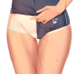 Rule 34 | 10s, 1girl, bad id, bad pixiv id, blue one-piece swimsuit, character name, close-up, clothing aside, kantai collection, legs together, lower body, one-piece swimsuit, one-piece tan, partially visible vulva, pulled by self, ro-500 (kancolle), school swimsuit, simple background, solo, standing, swimsuit, swimsuit aside, tan, tanline, thighs, water, wedgie, wet, white background, zi se
