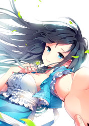 Rule 34 | 1girl, artist name, bad id, bad pixiv id, black hair, blue eyes, breasts, buttons, center frills, diffraction spikes, dress, dutch angle, falling leaves, fingernails, foreshortening, frilled sleeves, frills, hand on own chest, holding, jacket, jewelry, lace trim, leaf, long hair, nardack, necklace, original, outstretched arm, outstretched hand, parted lips, pendant, reaching, reaching towards viewer, short sleeves, sideboob, signature, simple background, small breasts, solo, sparkle, strapless, strapless dress, tears, upper body, white background, wind
