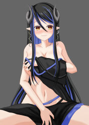 Rule 34 | 1girl, absurdres, bandeau, belt, black bandeau, black hair, black skirt, blue belt, blue hair, blush, breasts, brown eyes, cleavage, closed mouth, collarbone, commentary request, cowboy shot, curled horns, demon girl, demon horns, earrings, grey background, grey horns, hair between eyes, hebiyoi tier, hebiyoi tier (1st costume), highres, horns, jewelry, large breasts, long bangs, long hair, looking at viewer, multicolored hair, nanashi inc., natsuki aya, navel, pointy ears, sidelocks, simple background, skirt, smile, snake bite, solo, two-tone hair, very long hair, virtual youtuber