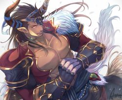 Rule 34 | 1boy, abs, aion kiu, bandages, bara, brown hair, dark skin, dark-skinned male, draph, earrings, eyepatch, from above, fur collar, granblue fantasy, high collar, horns, jewelry, large pectorals, long hair, long sleeves, looking at viewer, male focus, manly, muscular, open clothes, pants, pectorals, pointy ears, reinhardtzar, revealing clothes, simple background, smile, solo, upper body, vambraces