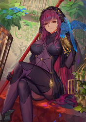 Rule 34 | 1girl, bird, bird on hand, birdcage, bodysuit, breasts, cage, closed mouth, covered erect nipples, fate/grand order, fate (series), gae bolg (fate), highres, holding, holding weapon, large breasts, crossed legs, long hair, looking at viewer, looking down, parrot, plant, polearm, purple hair, red eyes, scathach (fate), scathach (fate), sitting, sk tori, solo, spear, veil, weapon