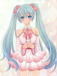 Rule 34 | 1girl, blue eyes, blue hair, bow, bowtie, detached sleeves, dress, hair ribbon, hatsune miku, long hair, matching hair/eyes, own hands clasped, own hands together, ribbon, smile, solo, sorube, twintails, very long hair, vocaloid