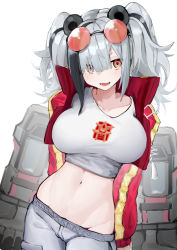 Rule 34 | 1girl, absurdres, animal ears, arknights, black hair, breasts, chinese commentary, commentary request, cowboy shot, crop top, dodo (yatotoyatoto), feater (arknights), feater (gourmet) (arknights), groin, high collar, highres, jacket, large breasts, long hair, looking at viewer, midriff, navel, official alternate costume, open clothes, open jacket, open mouth, panda ears, pants, red jacket, shirt, silver hair, solo, standing, stomach, t-shirt, twintails, white background, white pants, white shirt