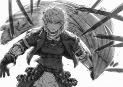 Rule 34 | 1girl, ammunition belt, belt, cape, cloak, comic, cosplay, fighting stance, genos, genos (cosplay), greyscale, imizu (nitro unknown), jacket, kirisame marisa, looking at viewer, monochrome, motion blur, one-punch man, open clothes, open jacket, simple background, solo, standing, touhou, translated, underbust, white background