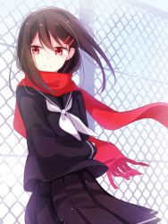 Rule 34 | 1girl, against fence, black serafuku, black skirt, brown hair, chain-link fence, cowboy shot, enpera, fence, floating scarf, hair ornament, hairclip, highres, kagerou project, looking at viewer, looking to the side, pleated skirt, red eyes, red scarf, rirako, scarf, school uniform, serafuku, skirt, smile, solo, standing, tateyama ayano, wind