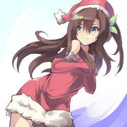 Rule 34 | 10s, 1girl, bare shoulders, blush, bow, brown hair, christmas, green eyes, hair between eyes, hair bow, hair ornament, hands on own chest, hat, highres, if (neptunia), long hair, neptune (series), normaland, santa costume, santa hat, solo, wavy mouth